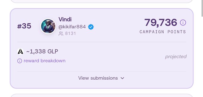 A campaign leaderboard card shows user 'Vindi' (@kikifar884) ranked #35 with 79,736 campaign points, 8,131 followers, and a projected reward of ~1,338 GLP.