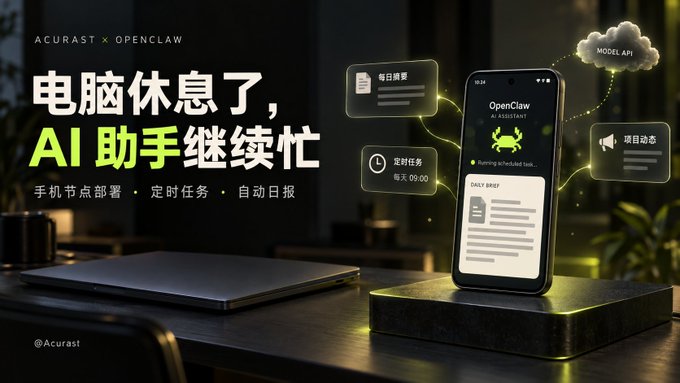 A promotional graphic for 'ACURAST x OPENCLAW' featuring Chinese text '电脑休息了, AI 助手继续忙' (translated roughly as 'The computer rests, the AI assistant keeps busy'), showing a smartphone displaying the OpenClaw AI assistant interface connected to various features like daily summaries and scheduled tasks.