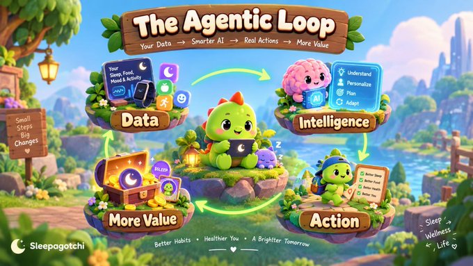 A colorful infographic titled 'The Agentic Loop' by Sleepagotchi, illustrating a cycle between Data, Intelligence, Action, and More Value featuring cute cartoon dragons.