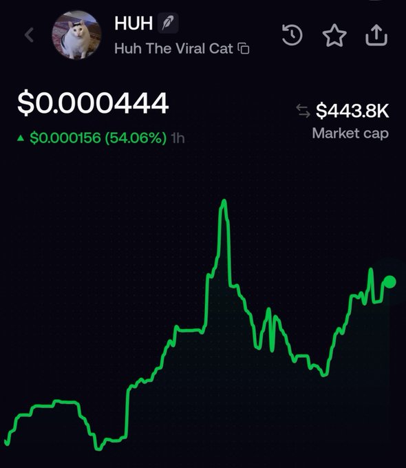 A cryptocurrency price chart for HUH ('Huh The Viral Cat') shows a current price of $0.000444, up 54.06% ($0.000156) in 1 hour, with a market cap of $443.8K.