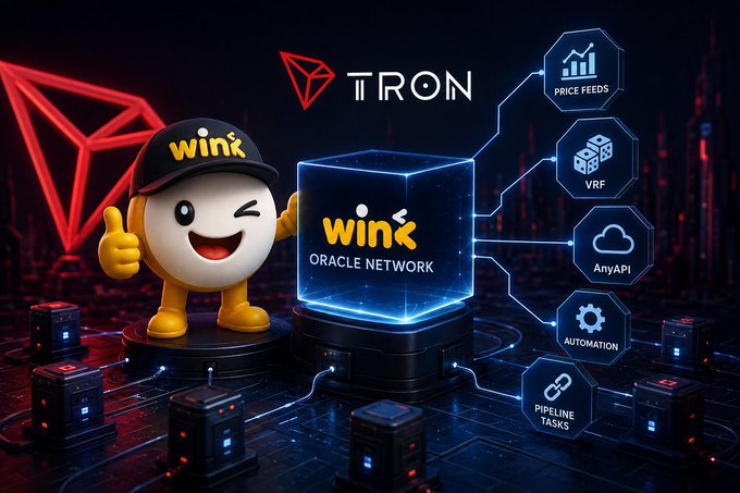 A promotional graphic for 'Wink Oracle Network' featuring the Wink mascot alongside the Tron logo, with icons representing 'PRICE FEEDS', 'VRF', 'AnyAPI', 'AUTOMATION', and 'PIPELINE TASKS' on a dark, tech-themed background.