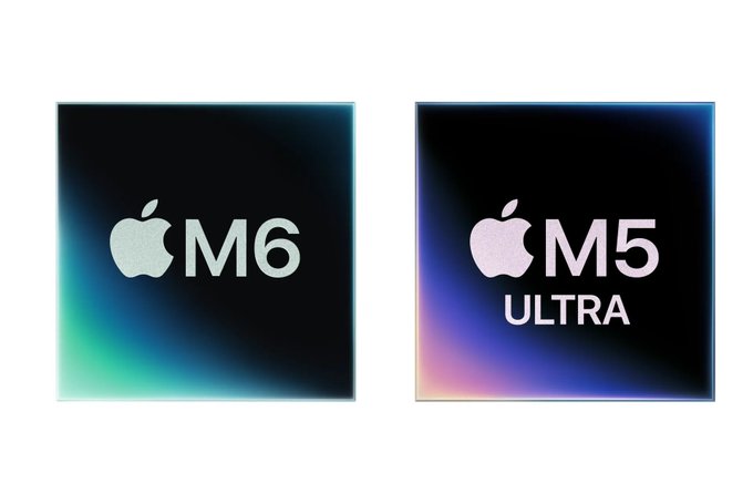 Two square processor chips with rainbow-gradient edges display the Apple logo alongside the text "M6" (left) and "M5 ULTRA" (right), representing Apple's newly announced chips for the refreshed Mac mini and Mac Studio.