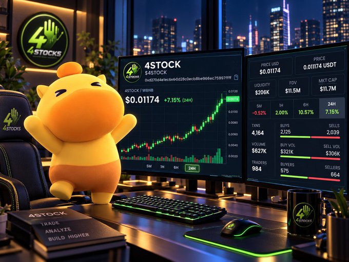 A 3D-rendered cartoon orange character stands beside dual monitors displaying $4STOCK ($4STOCK/WIENB) trading data at $0.01174 with +7.15% gains, showing liquidity of $206K and market cap of $11.7M.
