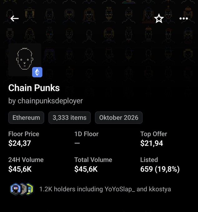 A screenshot of a digital asset collection page for 'Chain Punks' by chainpunksdeployer on Ethereum, showing a floor price of $24.37, 3,333 items, October 2026, and 1.2K holders.