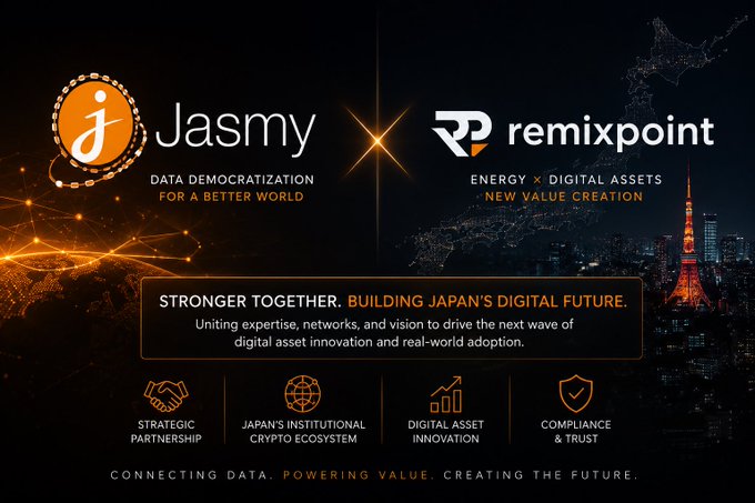 The image features two logos for companies named JASMY and RPOINT against a dark background, with the text "More and more signals point to a larger development happening behind the scenes." The JASMY logo has an orange circle with a white outline of a person inside it, while the RPOINT logo has a black circle with a white outline of a building. Both logos are located on the same page in the image.