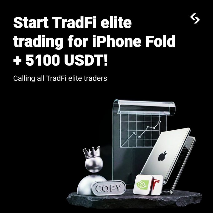A promotional advertisement with a black background displays bold white text reading "Start TradFi elite trading for iPhone Fold + 5100 USDT!" and "Calling all TradFi elite traders," accompanied by 3D-rendered graphics of a chess king piece, a "COPY" button, a rising line graph, and a folded iPhone device—visually reinforcing the post's offer to earn a free iPhone Fold by trading TradFi Perps on Bitget.