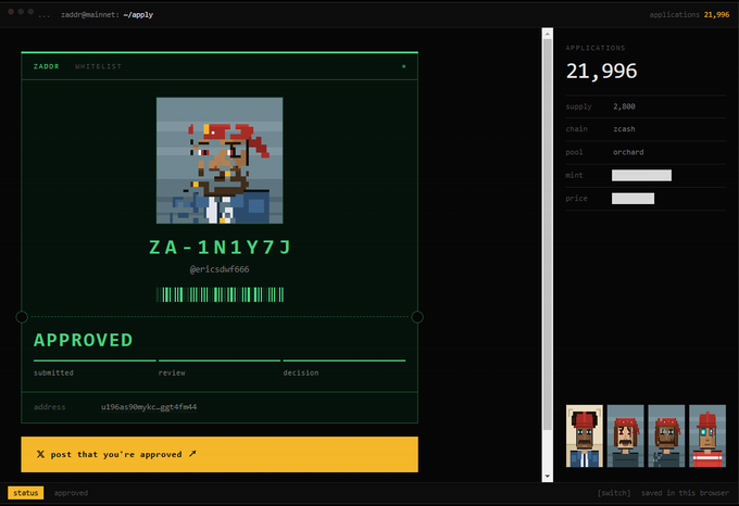 A screenshot of a ZADOK whitelist application page showing an approved status with pixel art avatars and application statistics indicating 21,996 total applications for the 'orchard' pool.