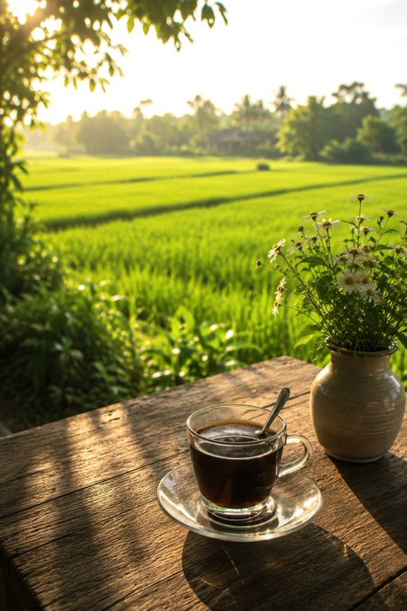 A cup of black coffee sits on a wooden table next to a vase of white daisies, overlooking a lush green rice field at sunset.