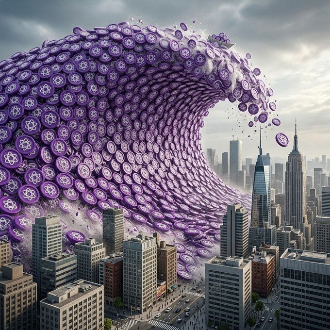 A surreal digital artwork depicting a massive tsunami made of purple cryptocurrency tokens (POL) crashing over a modern city skyline.