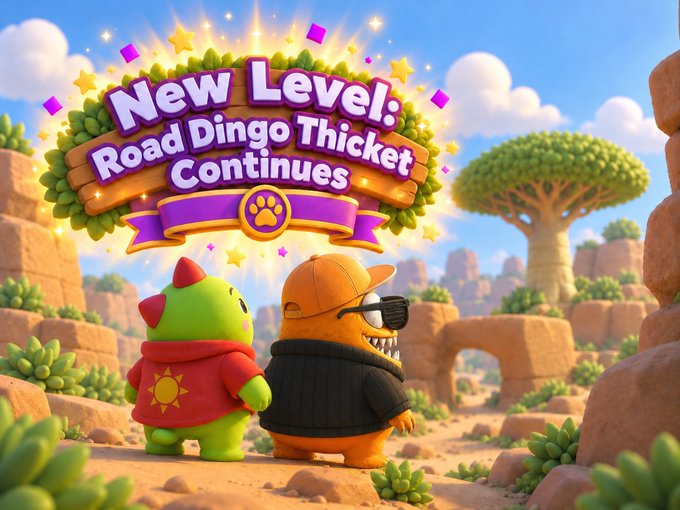 A colorful 3D animated scene shows a green character in a red hoodie and an orange character with sunglasses standing before a banner reading 'New Level: Road Dingo Thicket Continues'.