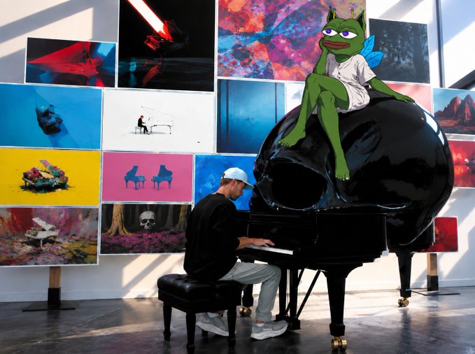 A man sits playing a glossy black grand piano adorned with a large skull sculpture on its lid, while a green Pepe the Frog character with butterfly wings perches on top. The surrounding wall displays a colorful collage of artworks, including a skull in a vibrant pink field and a spaceship scene, evoking the meme-fueled "Grand Skull Piano" scene described in the post.