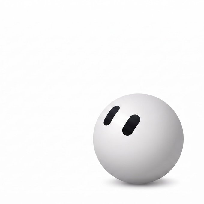 A simple 3D-rendered white sphere with two black oval eyes and a slight smile floats against a plain white background.