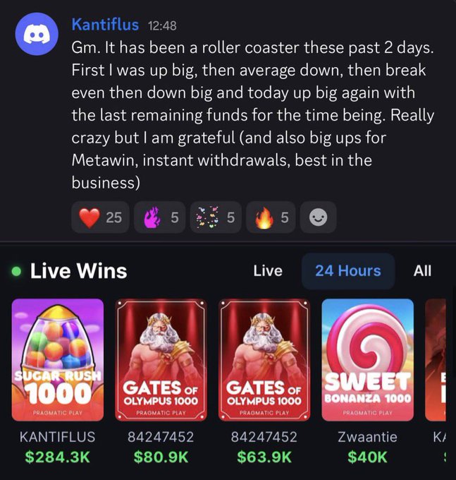 A Discord screenshot shows user "Kantiflus" posting at 12:48 about a volatile 2-day gambling streak, praising Metawin for instant withdrawals, with live win leaderboards below featuring "KANTIFLUS" winning $284.3K on Sugar Rush 1000, which directly relates to the accompanying post highlighting that massive immediate withdrawal.