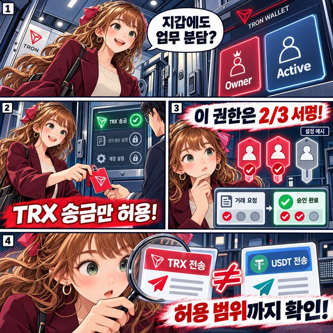 A 4-panel anime-style advertisement in Korean for TRON Wallet, explaining multi-signature approval (이 권한은 2/3 세명!), TRX-only payments (TRX 송금만 허용!), and the difference between TRX and USDT transfer speeds (허용 범위까지 확인!).