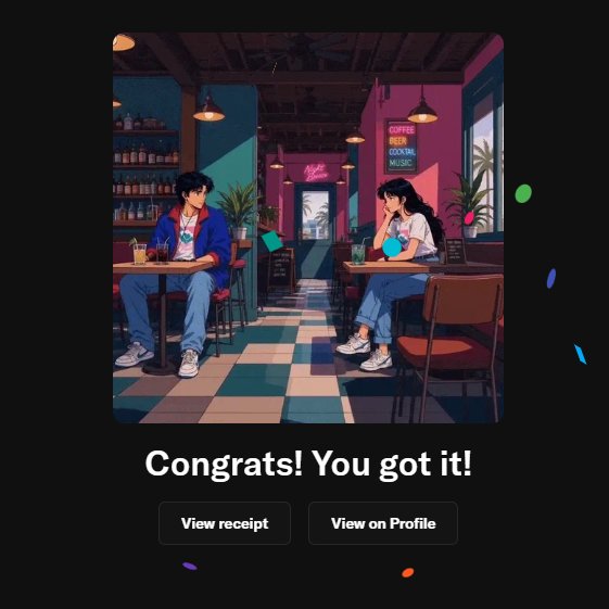 A digital congratulatory screen reads 'Congrats! You got it!' below an anime-style illustration of a man and woman in a cafe, with 'View receipt' and 'View on Profile' buttons.