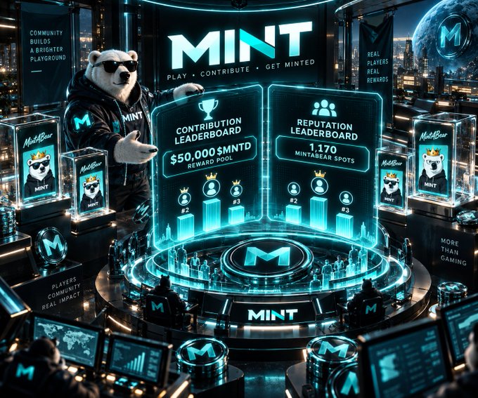 A futuristic, neon-lit arena features a "MINT" leaderboard display showing a "$50,000 $MNTD" Contribution Reward Pool alongside a Reputation Leaderboard tracking 1,170 Mintabase spots, visually reinforcing the separation between contribution-based rewards and NFT-driven reputation. A bear mascot in sunglasses presides over the scene, surrounded by holographic "MintBear" NFT cards and silhouettes of players, emphasizing the campaign's gamified dual-ranking system.