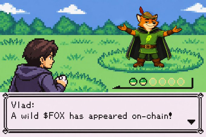 A Pokémon-style pixel art scene shows a character named Vlad encountering a wild fox-like creature in a green field, with dialogue reading "A wild $FOX has appeared on-chain!" The image playfully merges the popular $FOX meme token with classic Pokémon encounter mechanics, featuring an anthropomorphic fox figure in a green outfit and feathered hat standing triumphantly in the grass.