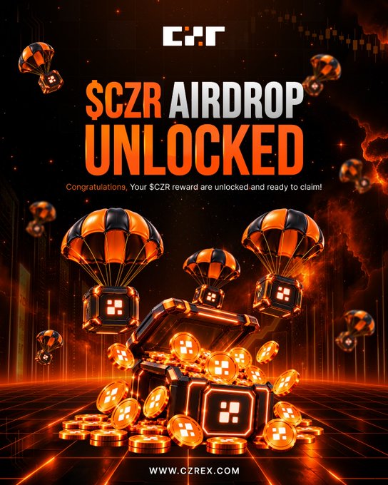 A promotional graphic displaying 'SCZR AIRDROP UNLOCKED' in large text, featuring treasure chests, coins, and parachutes on an orange and black background, with 'WWW.CZREX.COM' at the bottom.