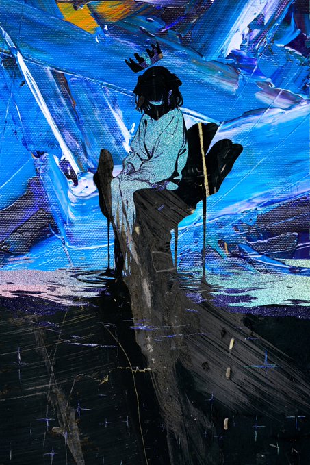 A melancholic digital painting of a lone figure wearing a crown sitting on a chair overlooking a vibrant blue and dark abstract landscape.