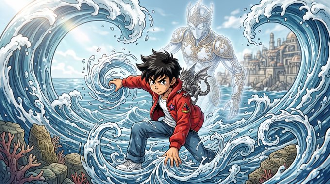 A young boy in a red jacket kneels amid swirling, stylized waves while a giant silver-armored figure looms behind him, with coral-covered rocks and a distant coastal city framing the scene—fitting the "Waves art" prompt through its dramatic, ocean-themed composition.
