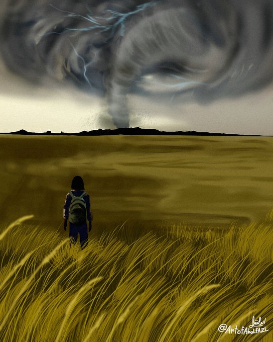 A digital illustration by @ArtofAliNiaz of a lone figure in a grassy field facing a massive lightning-filled tornado storm sweeping across the plains.