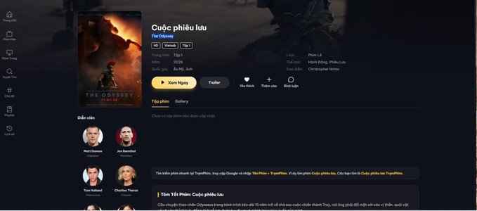 A movie detail page for 'Cuộc phiêu lưu' (The Odyssey) showing the release date 31.07.26, cast members including Matt Damon, Jon Bernthal, Tom Holland, and Charlize Theron, with Vietnamese interface elements.