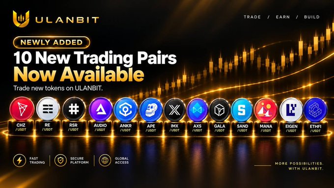 A ULANBIT cryptocurrency exchange advertisement announcing "10 New Trading Pairs Now Available" including CHZ, RSR, ANKR, APE, IMX, AXS, GALA, SAND, MANA, EIGEN, and ETHFI.