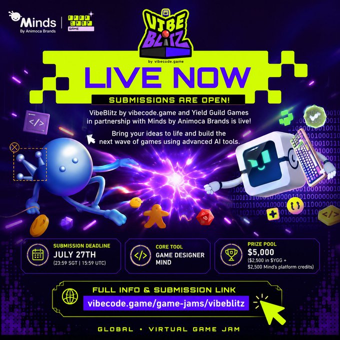A promotional graphic for 'VIBE BLITZ' by vibecode.game announces a game jam live now in partnership with Minds by Animoca Brands, with a submission deadline of July 27th and a prize pool of $5,000.