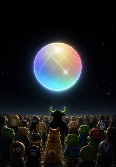 A crowd of crypto mascots—including Doge, Shiba Inu, Pepe, Pudgy Penguins, and others—gather under a glowing rainbow sphere in a starry sky, with a horned bull silhouette facing the light. The accompanying "gm" post pairs with this image by symbolizing a collective morning ritual where the crypto community unites in hopeful anticipation of a bullish market rally.