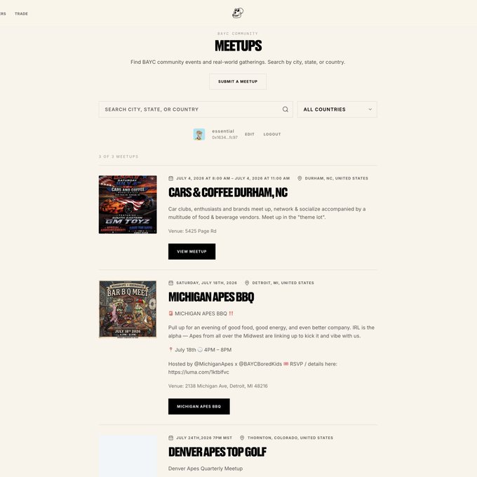 A BAYC (Bored Ape Yacht Club) Community Meetups webpage showing 3 of 3 events including 'CARS & COFFEE DURHAM, NC', 'MICHIGAN APES BBQ' in Detroit, and 'DENVER APES TOP GOLF' in Thornton, CO.