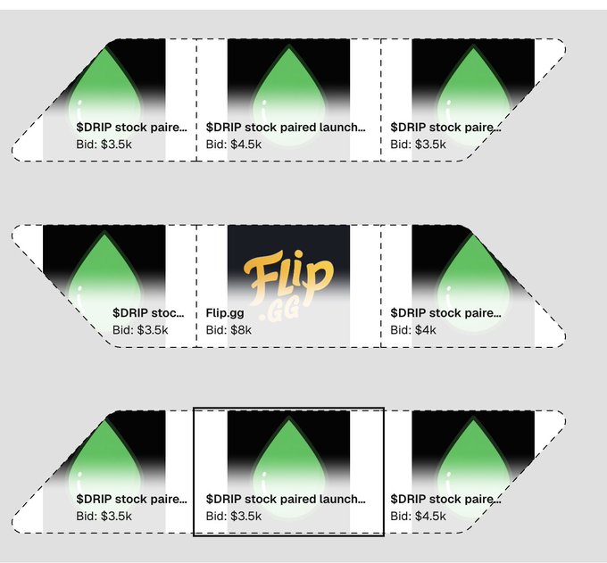 Three rows of ARROW-shaped ad banners display various "$DRIP stock paired launch..." listings with bids ranging from $3.5k to $4.5k, alongside a featured "Flip.gg" banner at $8k, totaling over $20k in bids to showcase the strong market demand and advertising support behind the $DRIP token launch on Solana.