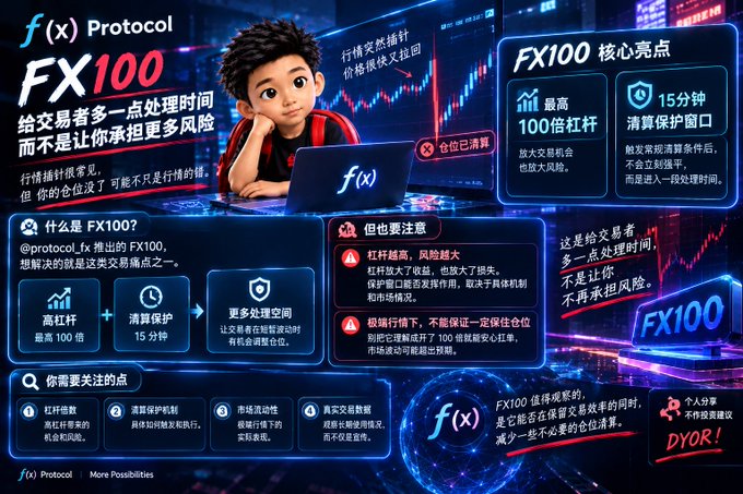 An advertisement infographic for f(x) Protocol's FX100, a crypto trading feature offering up to 100x leverage and 15-minute liquidation protection window, in Chinese.