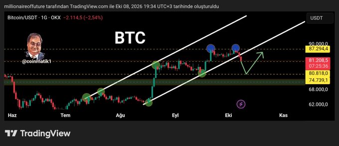 A TradingView chart of Bitcoin/USDT (BTC) on a 1G timeframe shows price at $87,294.4 (-2.54%), with the author @coinmatik1 illustrating a rebound from the $80,818-$74,739 support zone within an ascending channel, supporting the post's claim that BTC touched the $80K support and reacted upward toward a $100K target while holding above $80K.