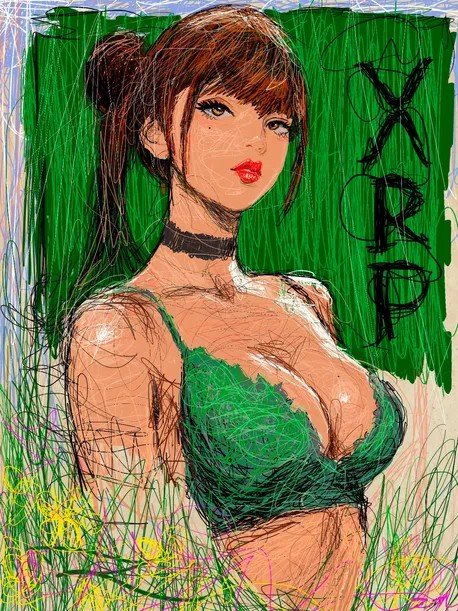 A digital anime-style illustration of a woman with brown hair in a ponytail wearing a green top, with the letters 'XRP' written vertically in a sketchy font against a green background.