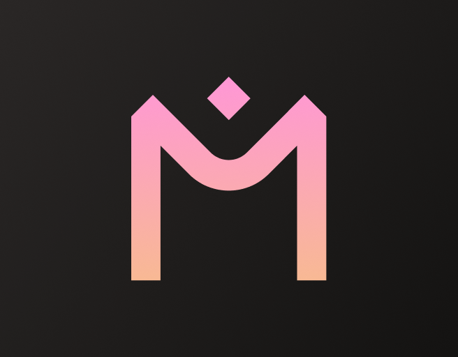 A stylized pink and orange gradient "M" logo on a black background.