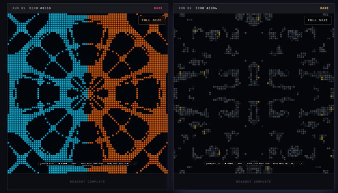 Two side-by-side digital scans labeled 'RUN 01 ECHO #3033' and 'RUN 02 ECHO #3034' marked 'RARE' and 'READOUT COMPLETE'. The left panel shows a clear blue and orange circular kaleidoscopic design, while the right panel shows the image largely corrupted with scattered gray and yellow pixel artifacts.