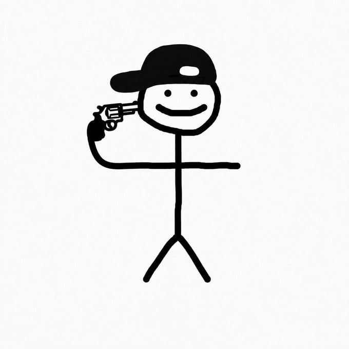 A simple black-and-white stick figure wearing a backwards cap smiles while pointing a revolver to its head, visually representing the chaotic risk-taking or self-destructive gamble often associated with chasing meme coins like $ANSEM hitting a 160M market cap.