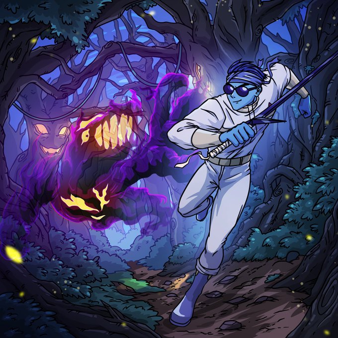 An illustration of a figure in white clothing and sunglasses wielding a sword while being attacked by a purple and orange spectral monster in a dark forest.
