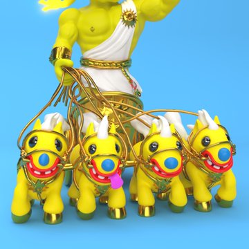 A 3D-rendered scene showing a muscular figure in white and gold attire holding the leashes of multiple yellow toy unicorns with red mouths and blue noses against a blue background.