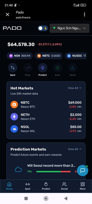 A screenshot of the Pado Finance app interface showing a portfolio value of $64,578.30 and 'Hot Markets' for NBTC, NETH, and NSOL.