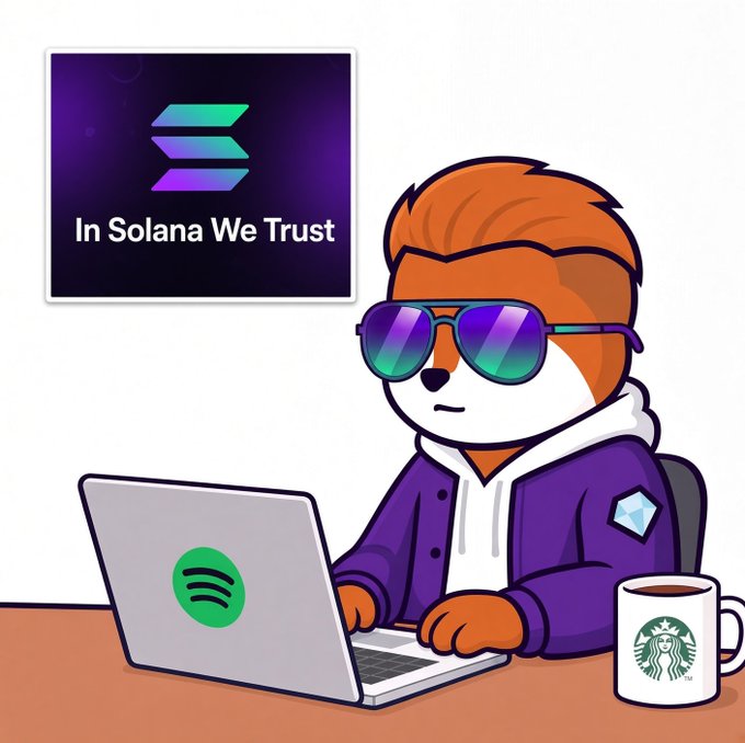 A cartoon dog with orange fur and sunglasses using a laptop with a Spotify logo, next to a Starbucks mug, with a poster reading 'In Solana We Trust' on the wall.