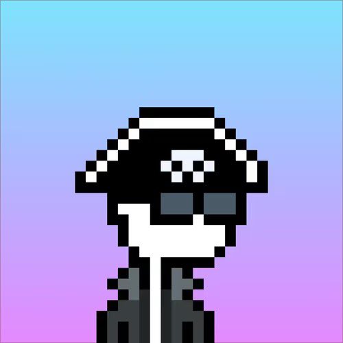 A pixel art character with a black hat, sunglasses, and white outfit stands against a gradient blue and pink background. The stylized avatar visually represents the @lilbangersnft community, matching the post's message about "high conviction" NFT collection and its dedicated supporters.