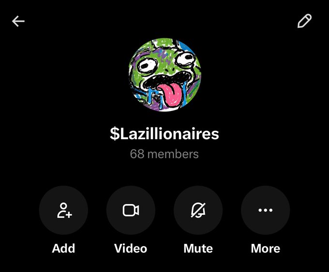 A screenshot of a Telegram group chat called "$Lazillionaires" with 68 members, featuring a cartoon zombie face as its profile picture. The interface displays options to Add members, start a Video call, Mute notifications, and access More settings, aligning with the post's promotion of building a community around the $Lazi token.