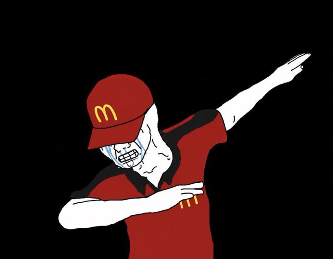 A minimalist digital drawing shows a crying, pale figure wearing a red McDonald's uniform and cap, striking the 'dab' pose against a black background.