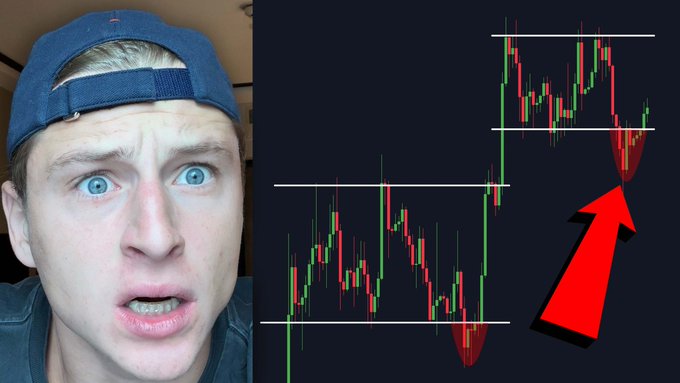 A man in a backward blue cap makes an exaggerated expression of shock beside a candlestick chart showing two similar downward dips (marked with red arrows), illustrating the "history repeating" price pattern referenced in the Bitcoin-focused YouTube thumbnail.