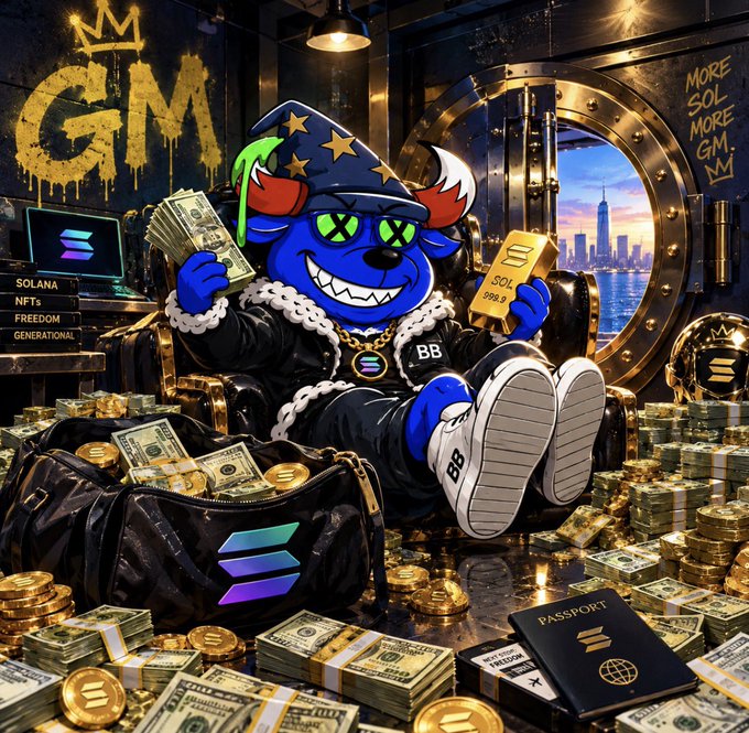 A stylized digital illustration of a blue cartoon character with X-shaped eyes wearing a star-patterned wizard hat and gold chain, surrounded by stacks of cash, gold coins, and a duffel bag, with 'GM' and 'MORE SOL MORE GM' graffiti in the background.