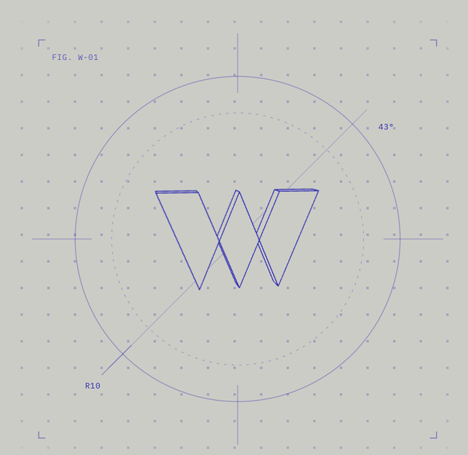 A blue technical drawing or blueprint labeled 'FIG. W-01' showing a stylized W logo within a circle with annotations '43°' and 'R10'.