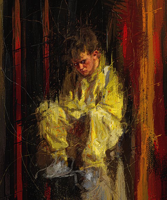 An expressive oil painting of a young boy in a bright yellow raincoat looking down at a small white and yellow dog, set against a dark background with vertical red, orange, and yellow stripes.
