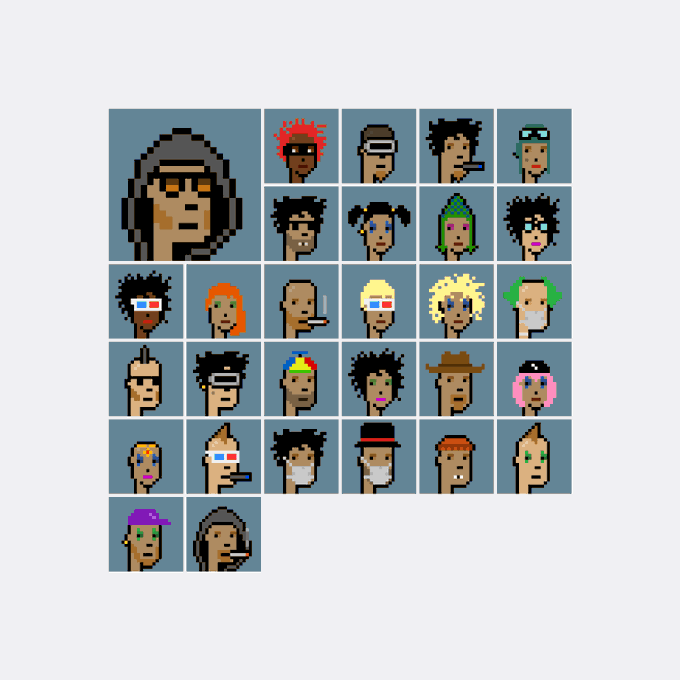 A collection of CryptoPunks pixel art characters featuring various unique traits like different hairstyles, 3D glasses, and cigarettes.
