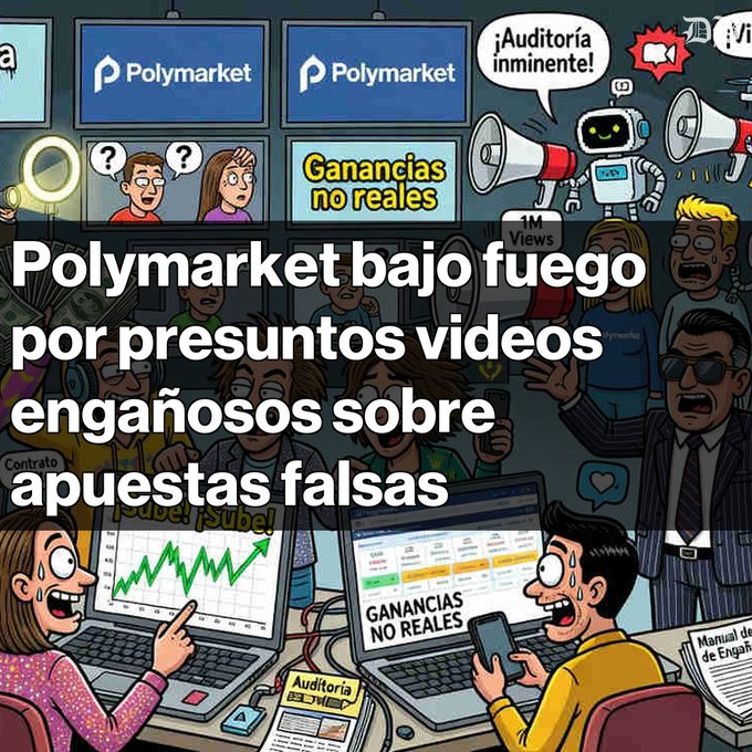 The image features a cartoon scene of people sitting at desks with laptops, surrounded by various objects such as cups, cell phones, and keyboards. The main focus of the image is a person holding a cup while looking at their laptop screen. There are multiple people in the scene, some sitting closer to the camera and others further away.

The cartoon also includes text that reads "Polymarket bajo el escrutinio Un informe revela que la plataforma pagó a creadores para difundir videos engañosos sobre apuestas inexistentes". This text suggests that the image is related to marketing or advertising, possibly promoting a product or service. The cartoon style and the presence of people with laptops indicate that it could be an advertisement for a new video game or a similar product.
